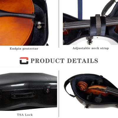 Crossrock Ultra-Light Fiberglass Case with Wheels-Fits 4/4 Full-Size Cello-Includes Padded Music Pouch, 3 Handles, Removable Shoulder Straps, TSA Lock-Black (CRF5030CEFBK) image 11