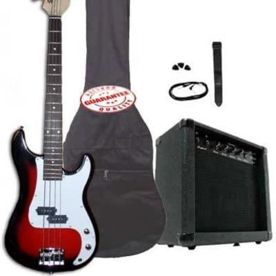 Electric Bass Guitar Pack with 20 Watts Amplifier, Gig Bag, Strap, and Cable, Cherryburst