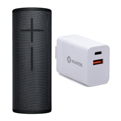 Ultimate Ears MEGABOOM 3 Wireless Bluetooth Speaker (Night Black) with included Cable with Wall Plug bundled with Kratos Power 30W PD Two-Port Power Adapter image 1