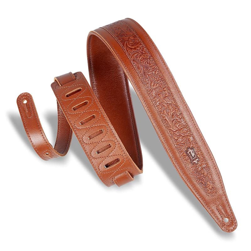 Levys 2 1/2 Inch Garment Leather Guitar Strap, Embossed Florentine Overlay Tan Garment image 1