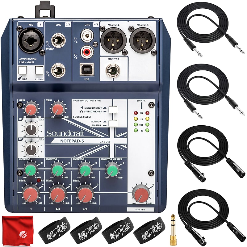 Soundcraft Notepad-5 Small-Format Analog Mixer/USB Interface with Mophead Cable Bundle image 1