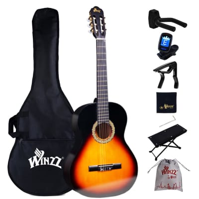 Winzz Classical Guitar Full Size 4/4, Beginner Spanish Guitar for Adults and Children Age 12+ Years, Complete Accessories, Nice Chritsmas Gifts Guitar (Glossy Sunburst, Nylon Strings) for sale