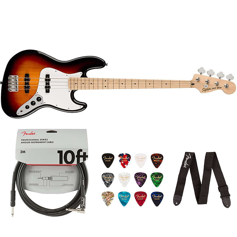 Squier by Fender Affinity Series Jazz Bass (Maple fingerboard, 3-Color  Sunburst) Bundle with Fender 10ft Cable (Straight/Straight), Fender Guitar 