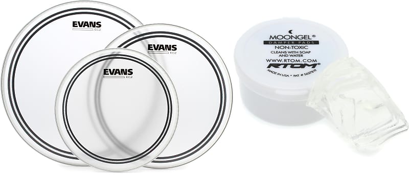 Evans EC2 Frosted 3-piece Tom Pack - 10/12/14 inch  Bundle with RTOM Moongel Drum Damper Pads - Clear (6-pack) image 1