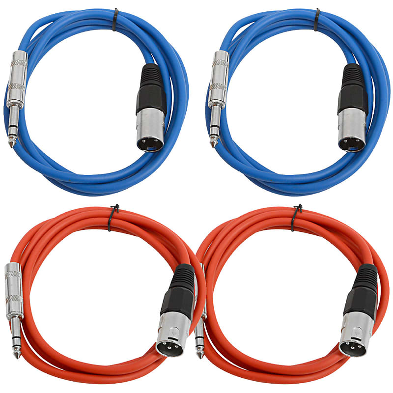4 Pack of 1/4 Inch to XLR Male Patch Cables 6 Foot Extension Cords Jumper - Blue and Red image 1