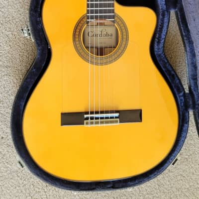 Cordoba 55FCE Spanish Thinbody Gipsy Kings Acoustic Electric Guitar, Honey Amber, HumiCase Hard Shell Case image 2