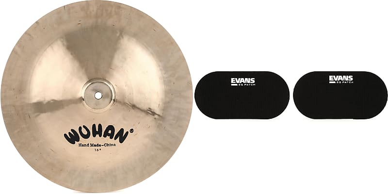 Wuhan 16 inch China Cymbal  Bundle with Evans PB2 Double Bass Drum Patch (pair) - Black Nylon image 1