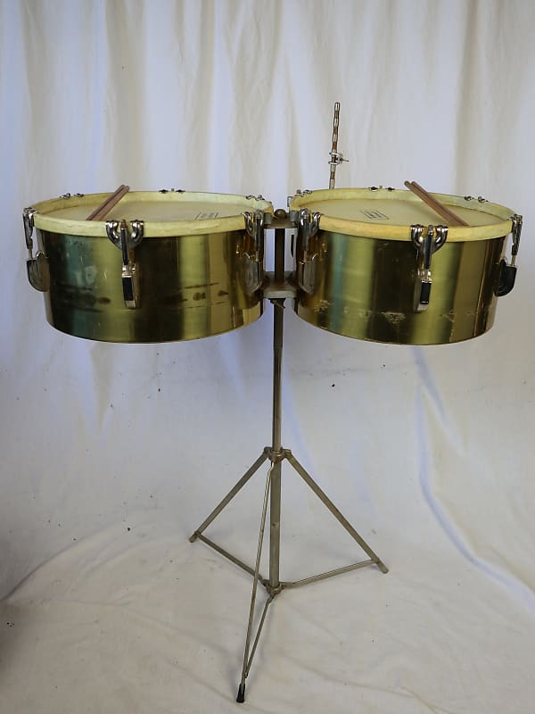 Leedy Vintage Humberto Morales Brass Timbale Set w/Stand & Case. Calf Heads image 1