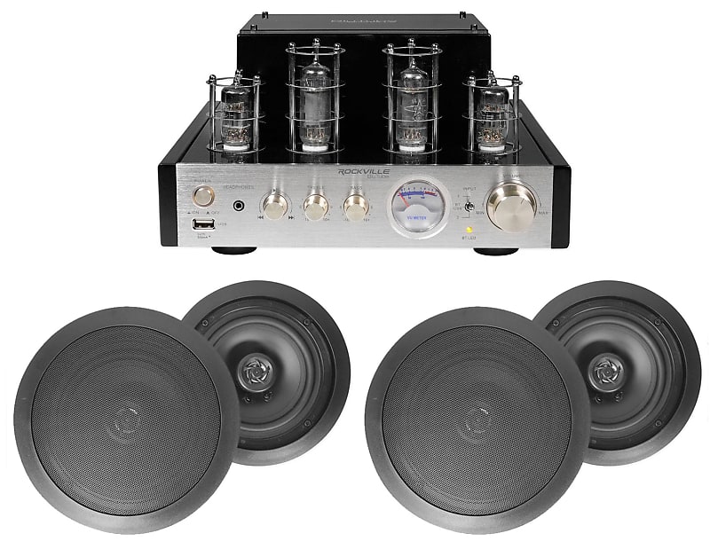 BluTube Tube Amplifier/Home Theater Receiver+(4) 6.5&quot; Black Ceiling Speakers  			