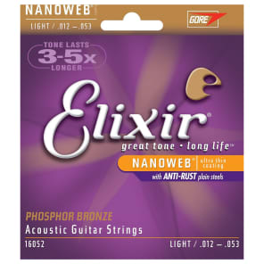 Elixir 11052 Nanoweb 80/20 Bronze Acoustic Guitar Strings - Light (12-53)