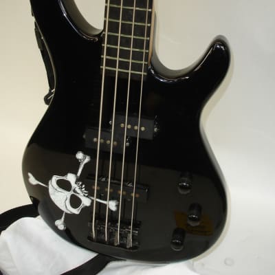 2009 Squier MB-4 Modern Bass Special Edition, Rosewood Fingerboard, Black Metallic w/ Skull & Crossbones Graphic on Body image 3
