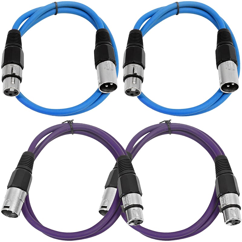 4 Pack of XLR Patch Cables 2 Foot Extension Cords Jumper - Blue and Purple image 1