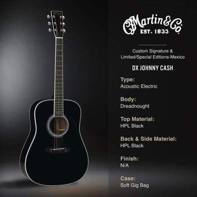 Martin Guitars DX Johnny Cash Signature Edition Acoustic-Electric Guitar with Gig Bag, HPL Construction, Modified D-14 Fret, Performing Artist Neck image 2