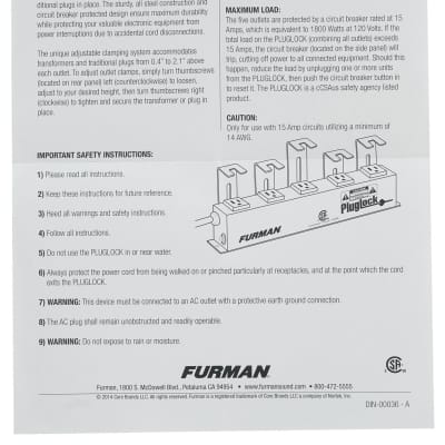 Furman PLUGLOCK 5-Outlet 12 Amp Locking Power Strip Circuit Breaker image 6