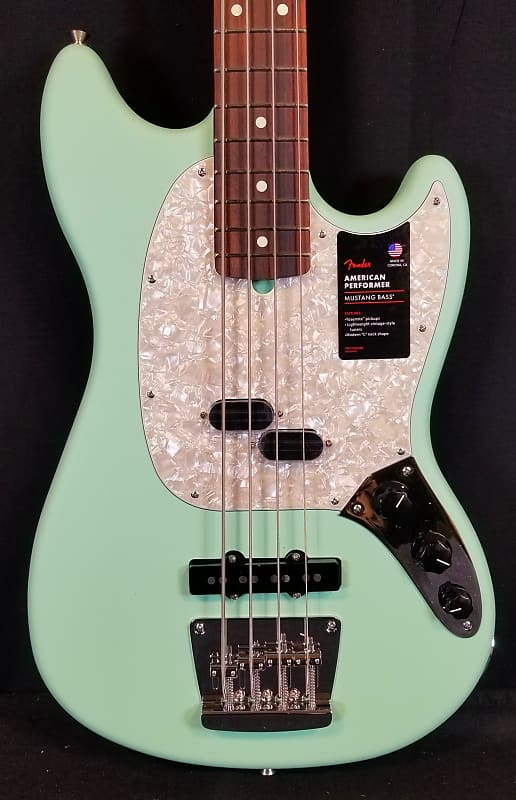 Fender American Performer Mustang Electric Bass Guitar, Rosewood Fingerboard, Satin Surf Green, Bag image 1