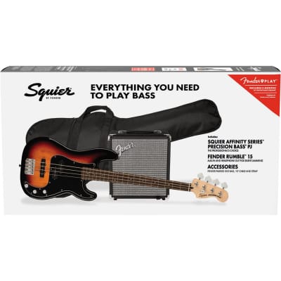 Squier Affinity Series Precision Bass PJ Electric Guitar Pack with Rumble 15 120V Amplifier, Laurel Fingerboard, 3-Color Sunburst image 3