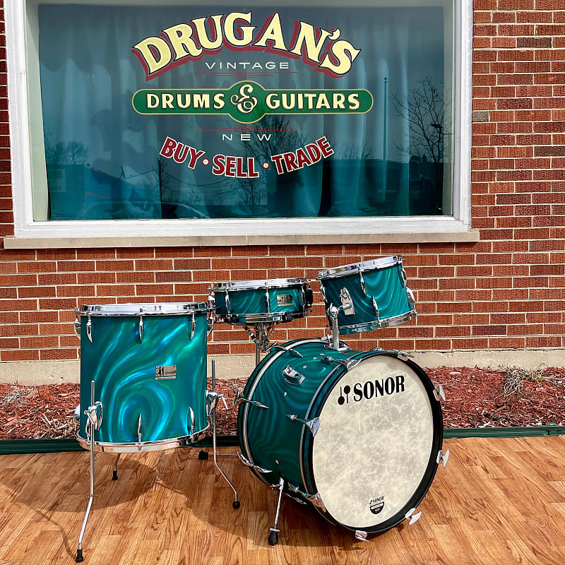 1960s Sonor Teardrop Drum Set Multi-Brilliant Turquoise Satin Flame Blue/Green 20/12/16/5x14 image 1
