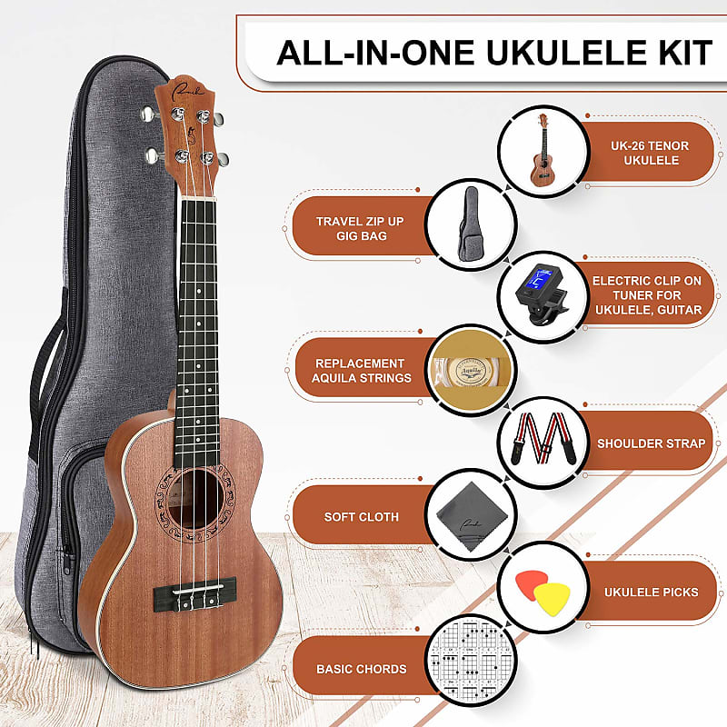 Tenor Ukulele 26 Inch Wooden Professional Ukelele Instrument Kit With 12  Free Online Lessons Small Hawaiian Guitar Ukalalee Starter Pack Bundle  Ukele Gig Bag & Tuner & Strap & Aquila Strings Set