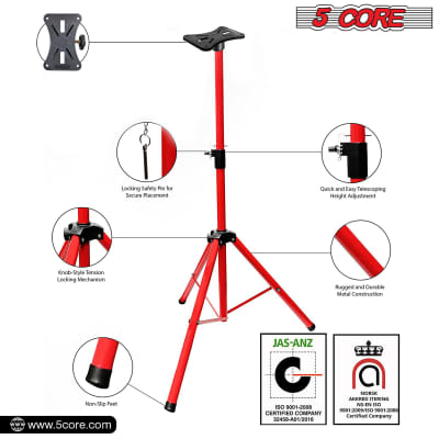 5 Core Speaker Stand Tripod 2 Pieces Heavy Duty PA DJ Speakers Pole Mount Stands Professional with Mounting Bracket Height Adjustable 40 to 72 Inch Red  SS HD 2 PK RED image 3