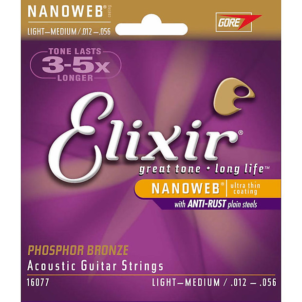 Elixir 16077 Nanoweb Phosphor Bronze Acoustic Guitar Strings - Light-Medium (12-56) imagen 1