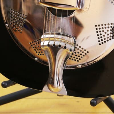 1980s Vintage Regal Resonator Acoustic Guitar Round Neck with F Holes Black & White Binding OHSC image 9