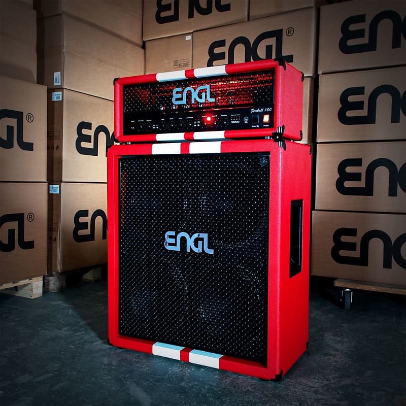 ENGL 40th Anniversary Fireball 100 (E635) + Matching 4x12XXL (E412XXL) Cabinet -  Red with White Racing Stripe image 1
