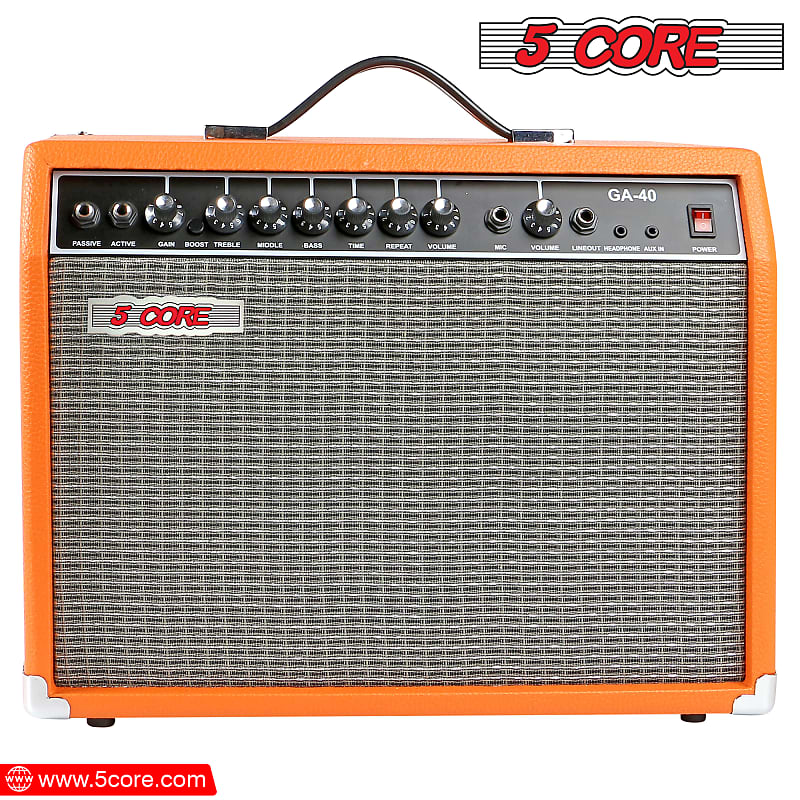 5 Core Electric Guitar Amplifier 40W Solid State Mini Bass Amp w 8” 4-Ohm Speaker EQ Controls Drive Delay ¼” Microphone Input Aux in & Headphone Jack for Studio & Stage for Studio & Stage- GA 40 ORG image 1