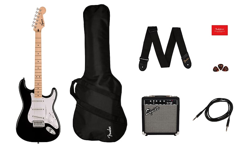Fender Squier Sonic Stratocaster Pack, Maple Fingerboard, Black, Gig Bag, 10G - 120V image 1