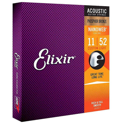 Elixir 16027 Nanoweb Coated Phosphor Bronze Acoustic Guitar Strings Custom Light 11-52 for sale