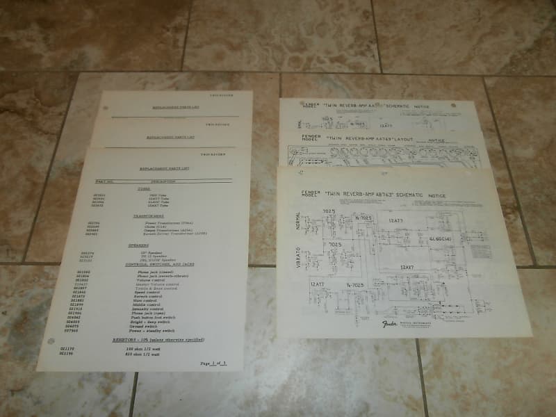 Vintage Early 1970's Fender Twin Reverb Replacement Parts List & Schematics! Original Case Candy! image 1