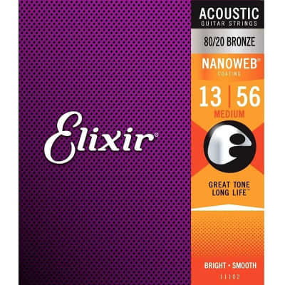Elixir 11102 Nanoweb Coated 80/20 Bronze Acoustic Guitar Strings Medium 13-56 for sale