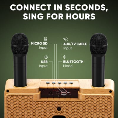 MASINGO Karaoke Machine for Adults and Kids with 2 UHF Wireless Microphones, Portable Bluetooth Singing Speaker, Colorful LED Lights, PA System, Lyrics Display Holder & TV Cable - Presto G2 Wood image 7