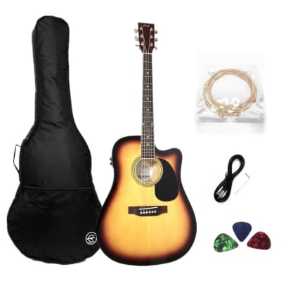 Haze F631BCEQBS Thin Body Acoustic Guitar, Sunburst, EQ, Cutaway + Free Gig Bag, Picks image 1