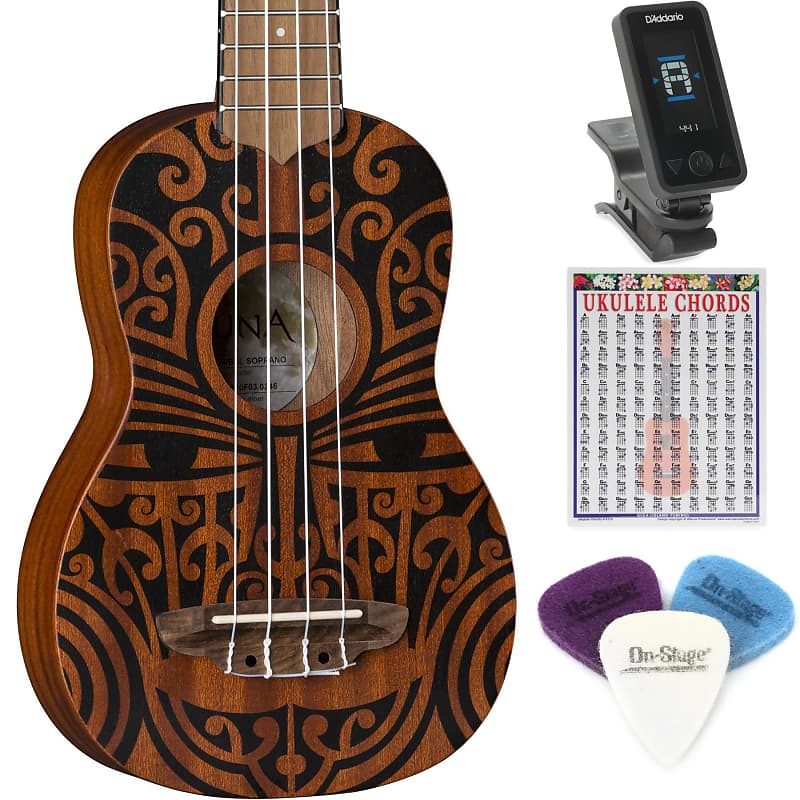 Luna Tribal Mahogany Soprano Ukulele Essentials Bundle Reverb