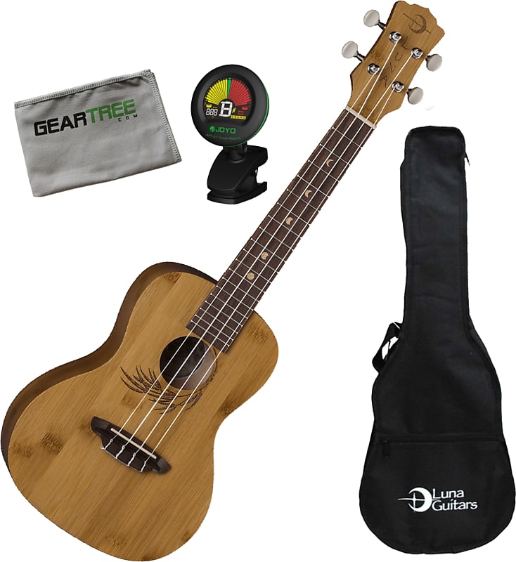 Luna Uke Bamboo Concert Ukulele w/ Gig Bag, Tuner, and Cloth