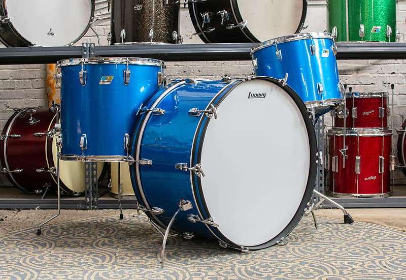 1970s Ludwig 14x26 12x15 16x18 Blue Silk Drum Kit