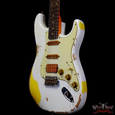 Fender Custom Shop Wild West White Lightning 2.0 Stratocaster HSS Rosewood Board 22 Frets Heavy Relic Graffiti Yellow image 2
