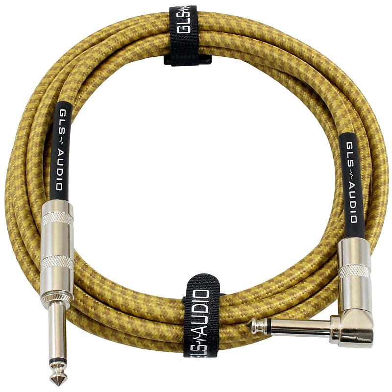 Instrument Guitar Cable 1/4" Right Angled to Straight - 10ft Gold/Brown Tweed image 1
