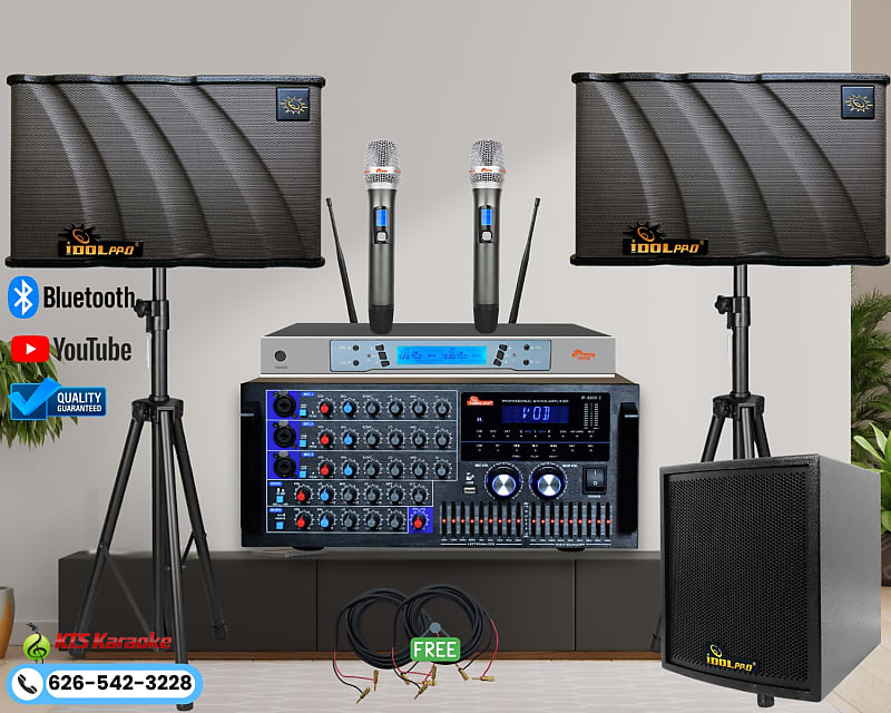 IDOLpro 3000W Mixing Amplifier W/ Bluetooth&1000W Speakers &Dual Wireless  Microphones, And 1000W Super Bass Subwoofer Professional Home Karaoke System