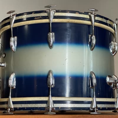 1950's Slingerland Blue & Silver Duco 14 x 22" Artist Bass Drum Original Calf Heads image 7