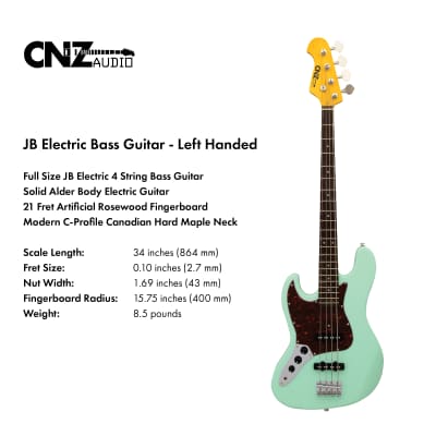 CNZ Audio JB Left Handed Electric Bass Guitar - Maple Neck, Surf Green image 4