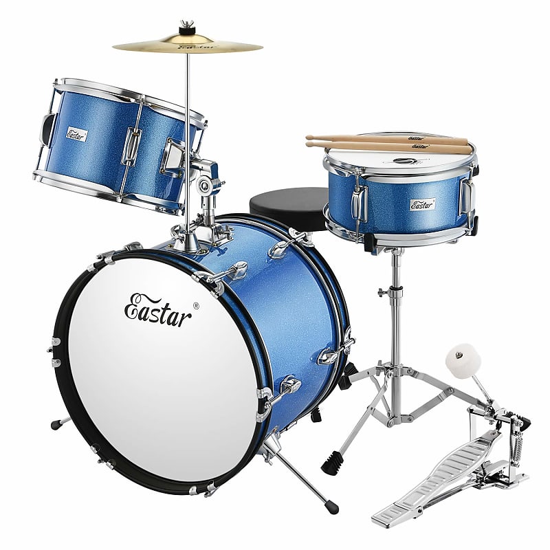 Kids Drum Set 16 Inch 3-Piece, Junior Drum Set Kit With Throne, Cymbal, Pedal & Drumsticks,Metallic Blue (Eds-280Bu) image 1