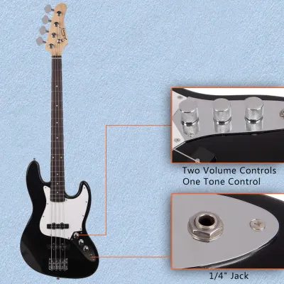 Glarry Black GJazz Single Coil Jazz Pickups Bass Electric Guitar w/ Gig Bag image 8