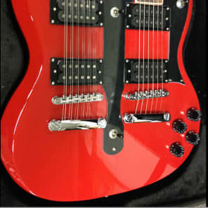 Cozart 6/12 String Electric Double Neck Guitar, Red, with Hard Case image 3