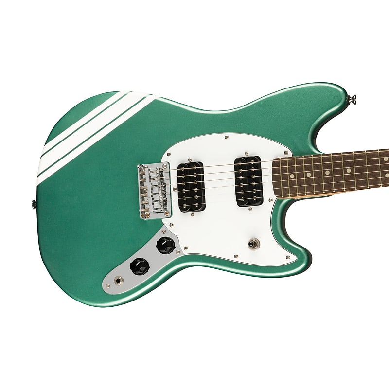 Squier FSR Bullet Competition HH Mustang Guitar w/ Olympic White Stripes,  Laurel FB, Sherwood Green