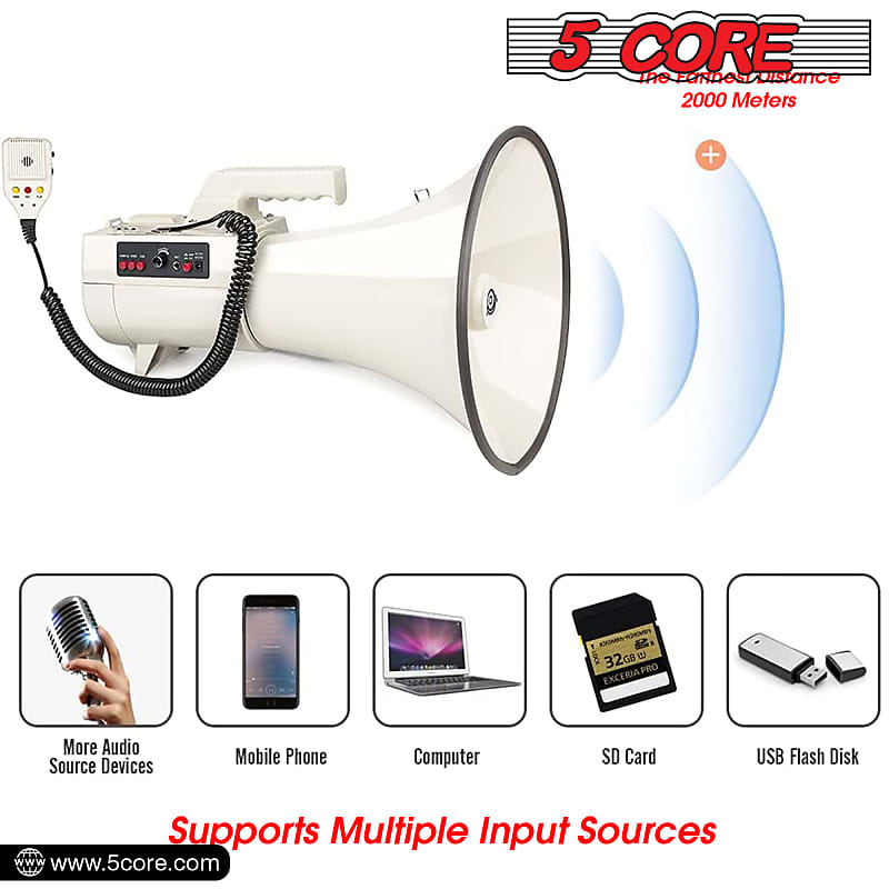 5 Core Megaphone 50 Watt Bull Horns Megafono Loudspeaker Lightweigh  Multi-Function with Talk Siren Record Volume Control USB SD AUX Input  Handheld Mic