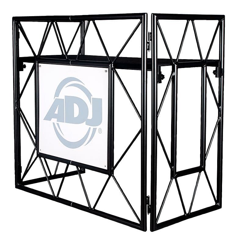 AxcessAbles Portable DJ Facade Booth with Black and White Lighting Scrims,  Carry Cases | Standing DJ Table - 40 x 20 | DJ Controller Stand 
