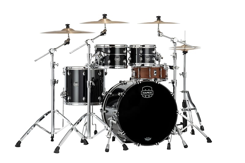 MAPEX SATURN EVOLUTION CLASSIC MAPLE 4-PIECE SHELL PACK - HALO MOUNTING SYSTEM - MAPLE AND WALNUT HYBRID SHELL - FINISH: Piano Black Lacquer (PB)  HARDWARE: Chrome Hardware (C) image 1