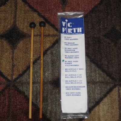 ONE pair new old stock (with packaging) Vic Firth M5 American Custom Keyboard Medium Hard Rubber Mallets, 1" Balls, for Xylophone (Xylo), Marimba, and Vibes. (VIC-M5) black hard rubber 1" balls, birch natural wood shafts (sticks) image 1