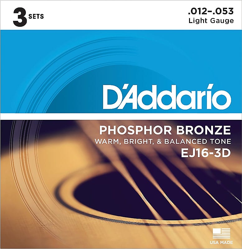 3 Pack D'Addario EJ16-3D Phosphor Bronze Acoustic Guitar Strings Light Gauge 12-53 image 1